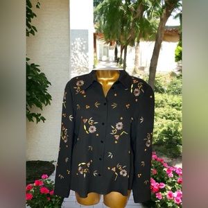 NWOT  Black Embroidered Floral silk blouse